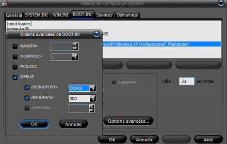 Les options avancées de l'onglet BOOT.INI de msconfig